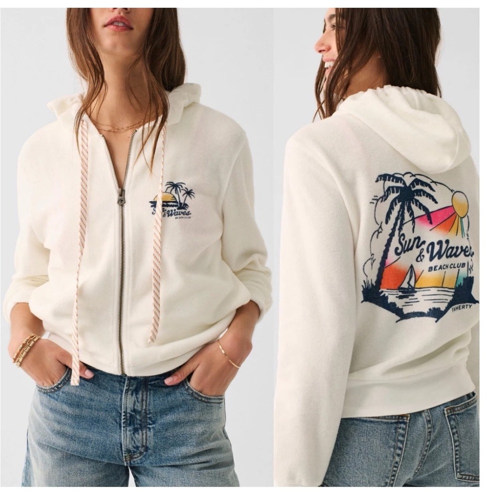 Women’s Cream Zip Hoodie Jacket with Surf & Wave Graphic